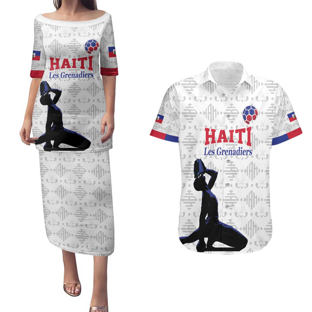 Custom Haiti Football Couples Matching Puletasi and Hawaiian Shirt Come on Les Grenadiers White Style