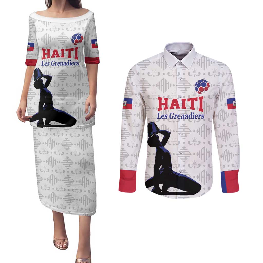 Custom Haiti Football Couples Matching Puletasi and Long Sleeve Button Shirt Come on Les Grenadiers White Style