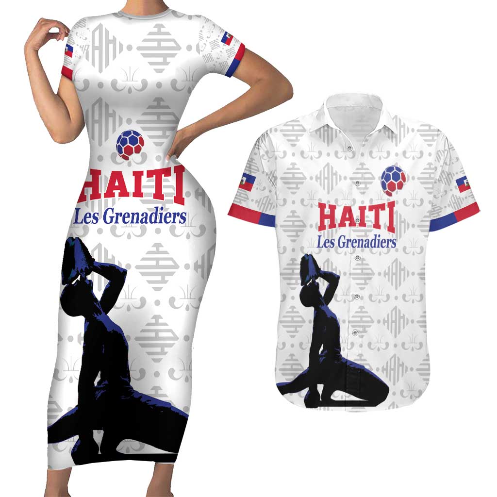 Custom Haiti Football Couples Matching Short Sleeve Bodycon Dress and Hawaiian Shirt Come on Les Grenadiers White Style