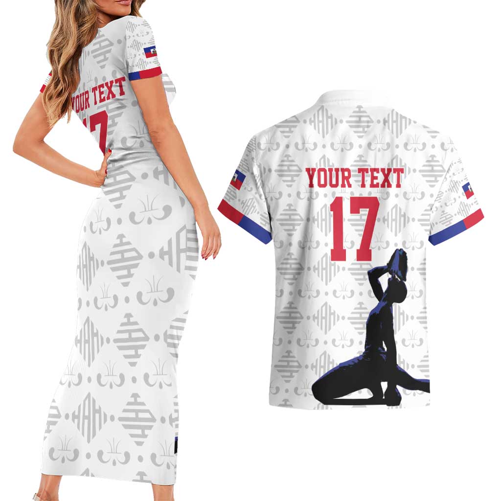 Custom Haiti Football Couples Matching Short Sleeve Bodycon Dress and Hawaiian Shirt Come on Les Grenadiers White Style