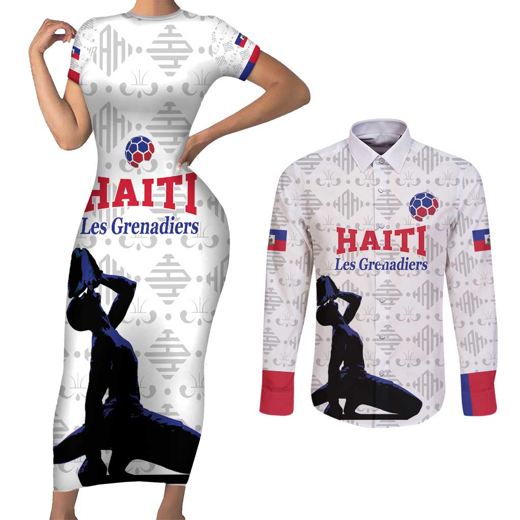 Custom Haiti Football Couples Matching Short Sleeve Bodycon Dress and Long Sleeve Button Shirt Come on Les Grenadiers White Style