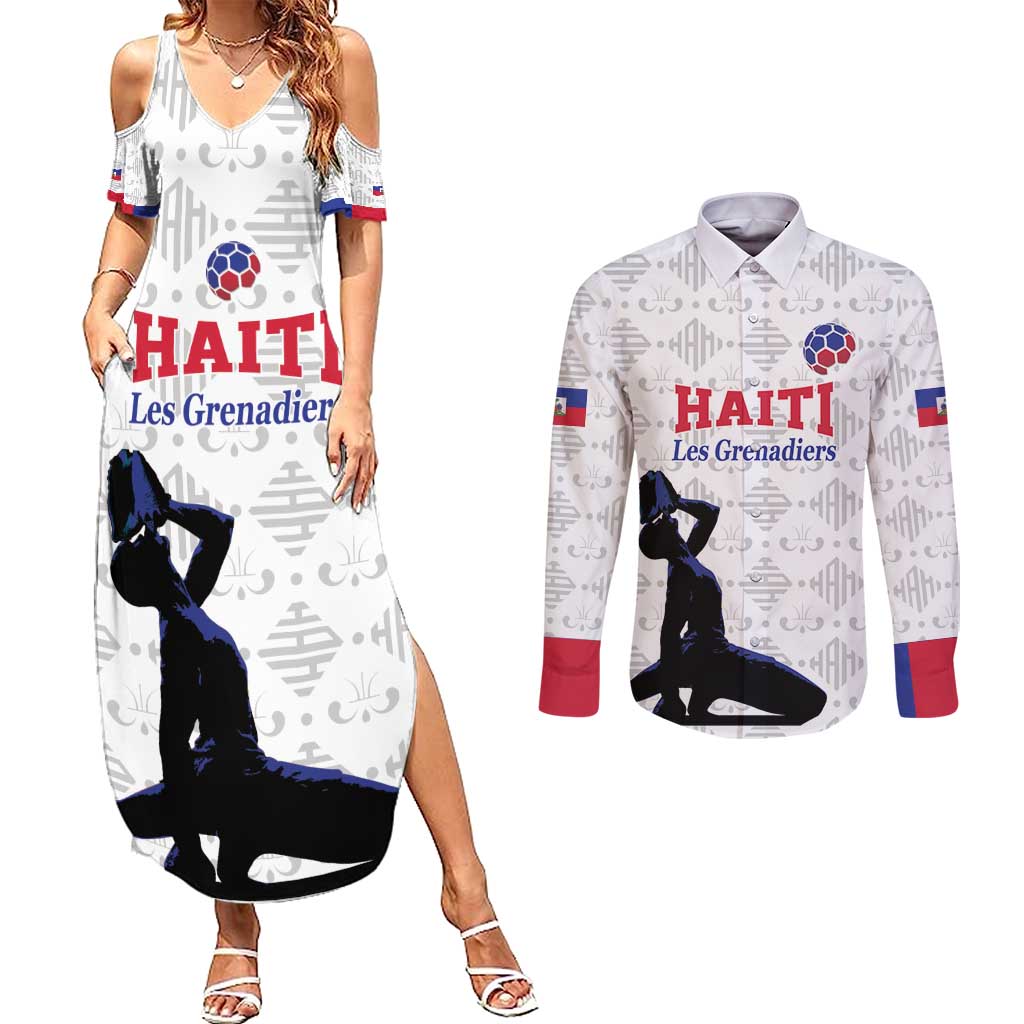 Custom Haiti Football Couples Matching Summer Maxi Dress and Long Sleeve Button Shirt Come on Les Grenadiers White Style