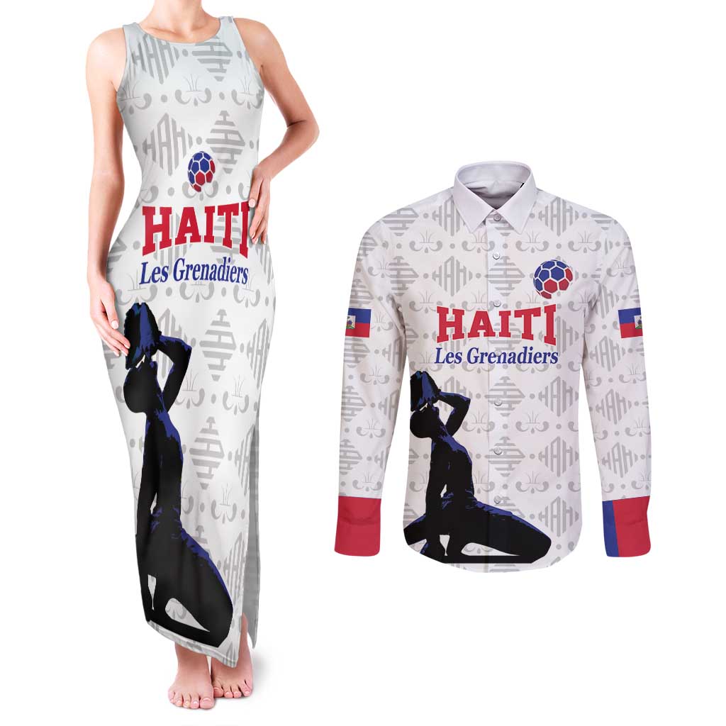 Custom Haiti Football Couples Matching Tank Maxi Dress and Long Sleeve Button Shirt Come on Les Grenadiers White Style