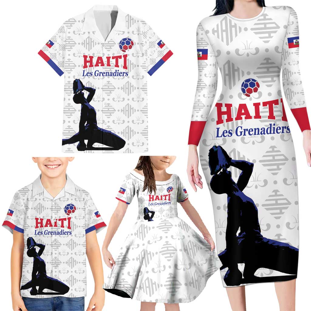 Custom Haiti Football Family Matching Long Sleeve Bodycon Dress and Hawaiian Shirt Come on Les Grenadiers White Style