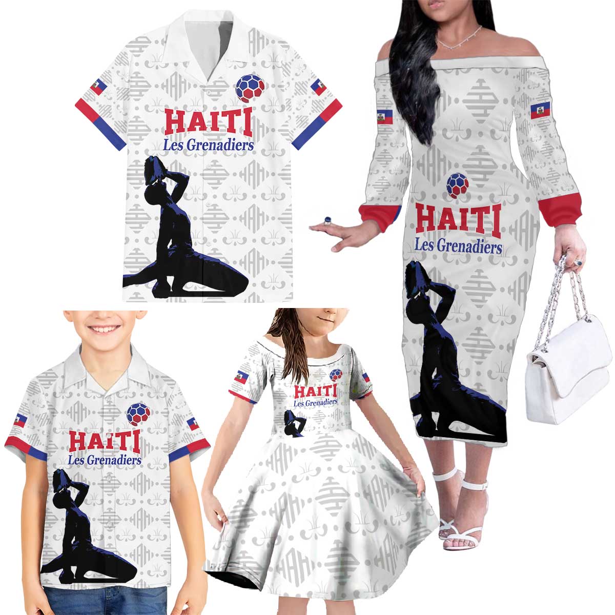 Custom Haiti Football Family Matching Off The Shoulder Long Sleeve Dress and Hawaiian Shirt Come on Les Grenadiers White Style