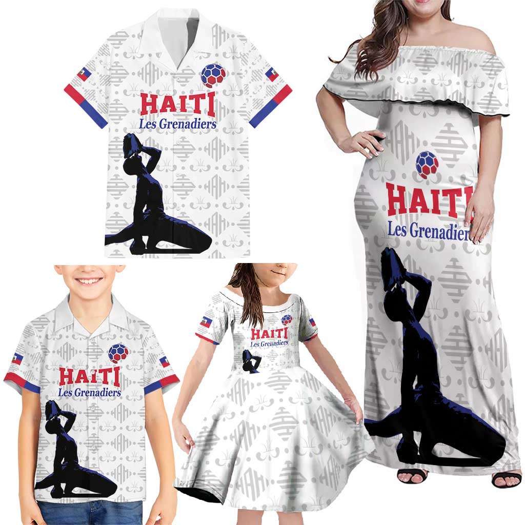 Custom Haiti Football Family Matching Off Shoulder Maxi Dress and Hawaiian Shirt Come on Les Grenadiers White Style