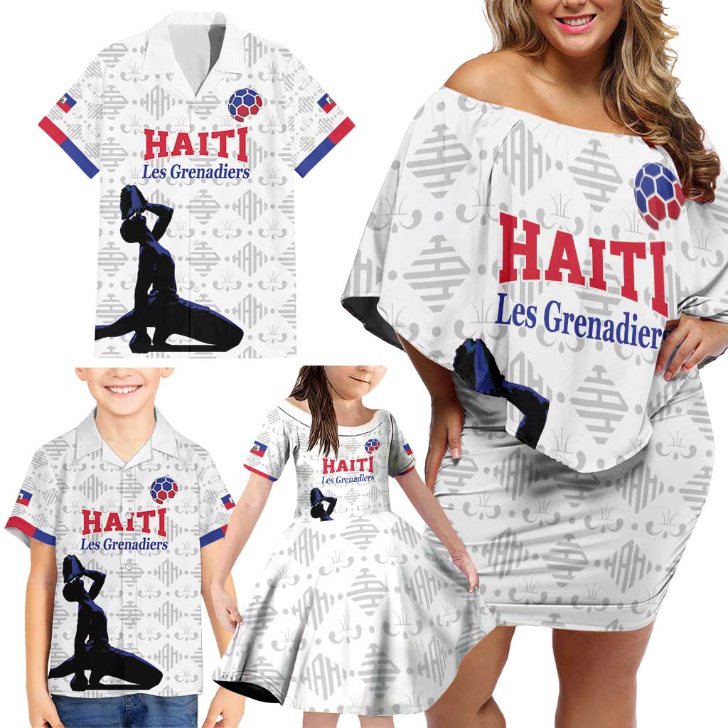 Custom Haiti Football Family Matching Off Shoulder Short Dress and Hawaiian Shirt Come on Les Grenadiers White Style