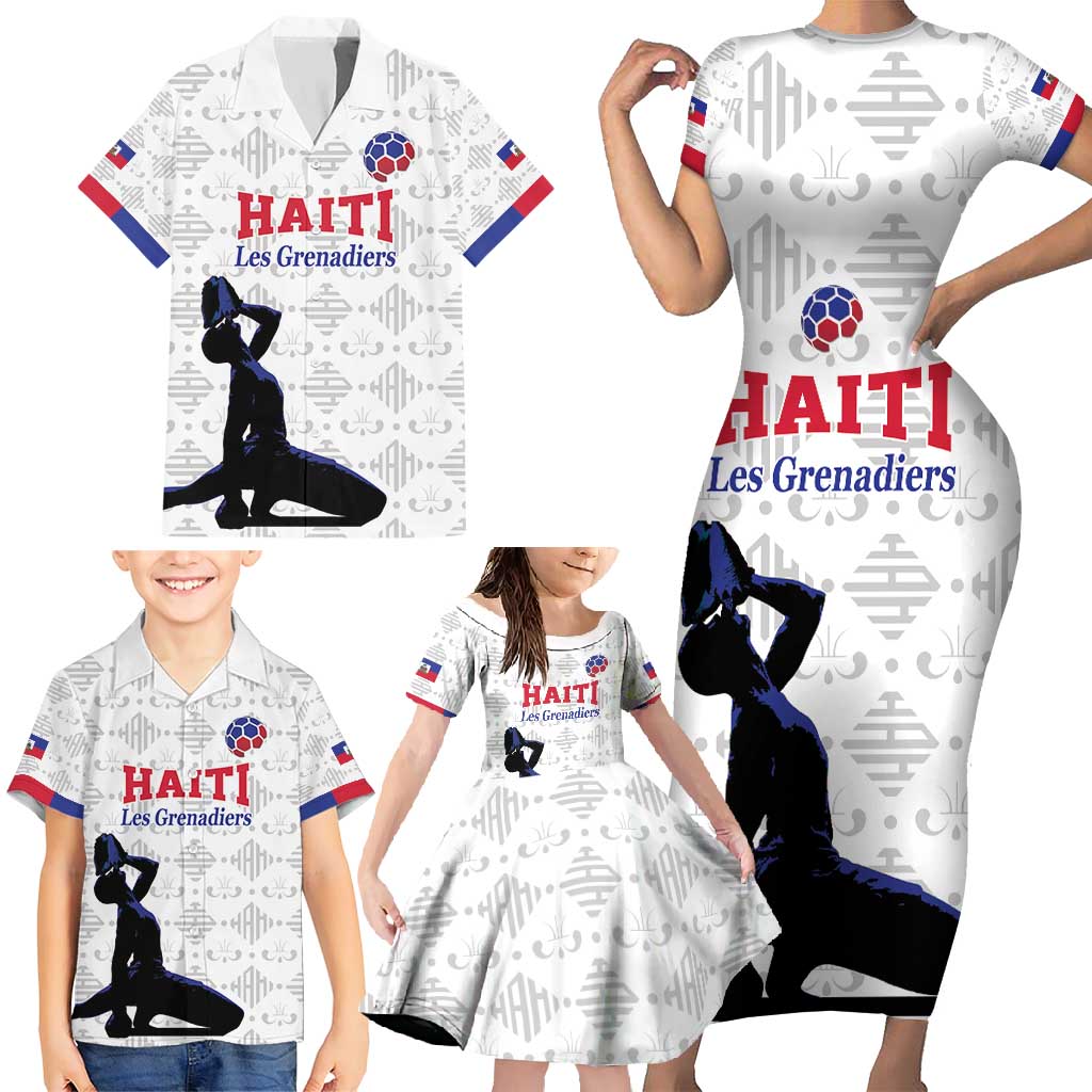 Custom Haiti Football Family Matching Short Sleeve Bodycon Dress and Hawaiian Shirt Come on Les Grenadiers White Style