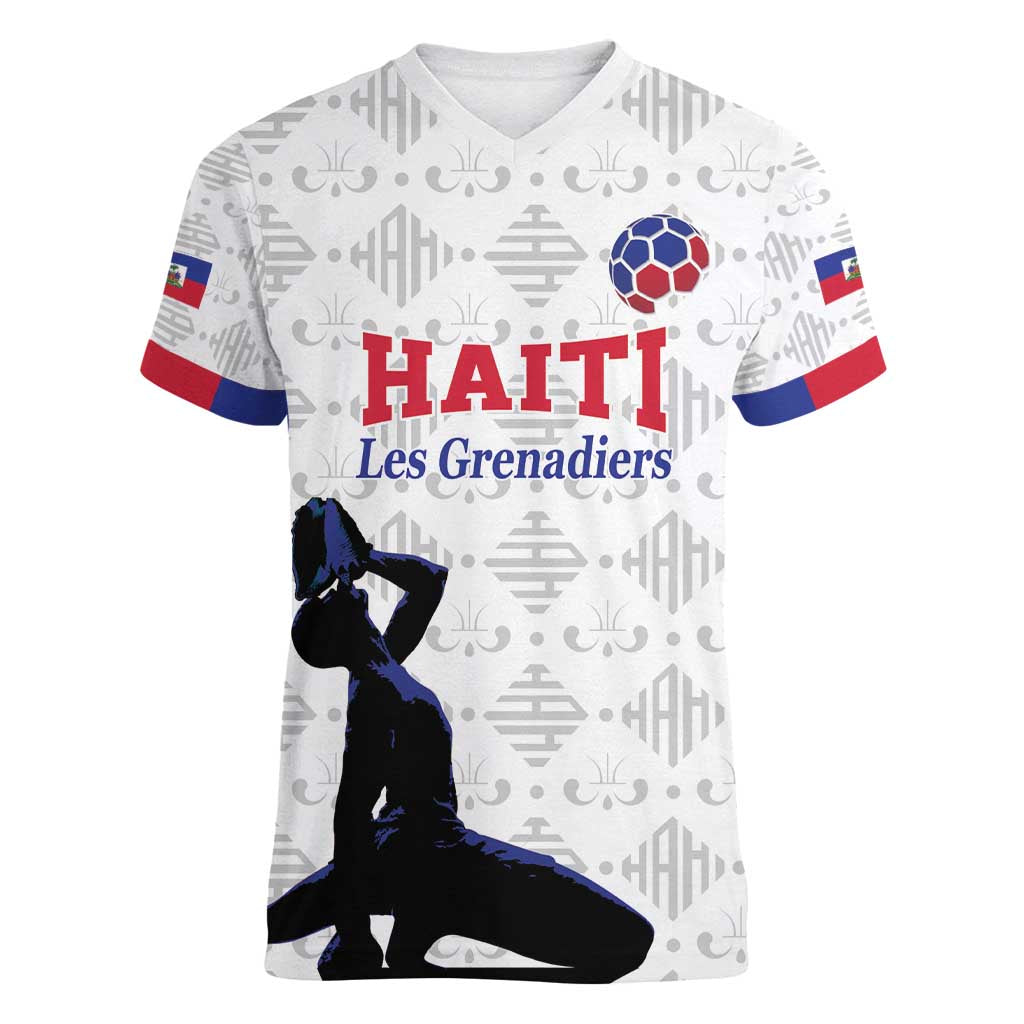 Custom Haiti Football Women V-Neck T-Shirt Come on Les Grenadiers White Style