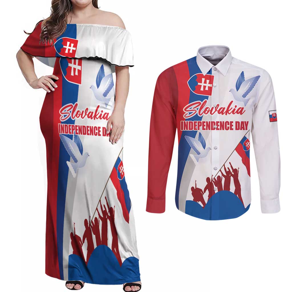 Slovakia Independence Day Couples Matching Off Shoulder Maxi Dress and Long Sleeve Button Shirt 17th July 1992