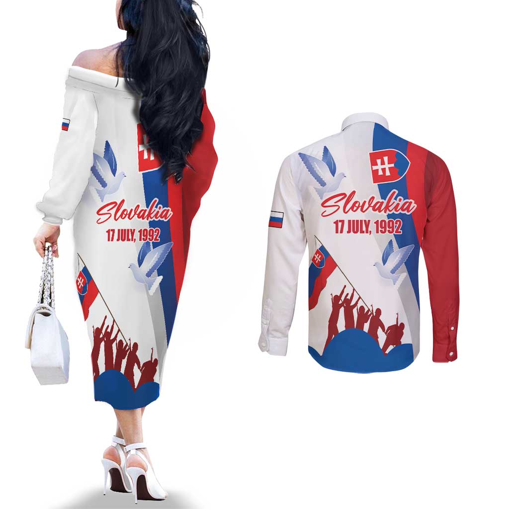 Slovakia Independence Day Couples Matching Off The Shoulder Long Sleeve Dress and Long Sleeve Button Shirt 17th July 1992