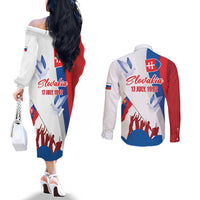 Slovakia Independence Day Couples Matching Off The Shoulder Long Sleeve Dress and Long Sleeve Button Shirt 17th July 1992