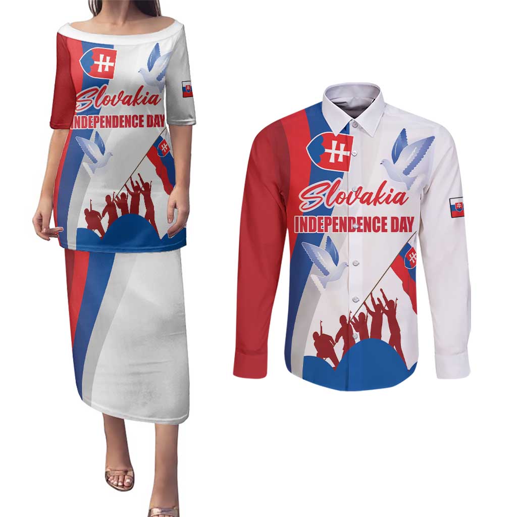 Slovakia Independence Day Couples Matching Puletasi and Long Sleeve Button Shirt 17th July 1992