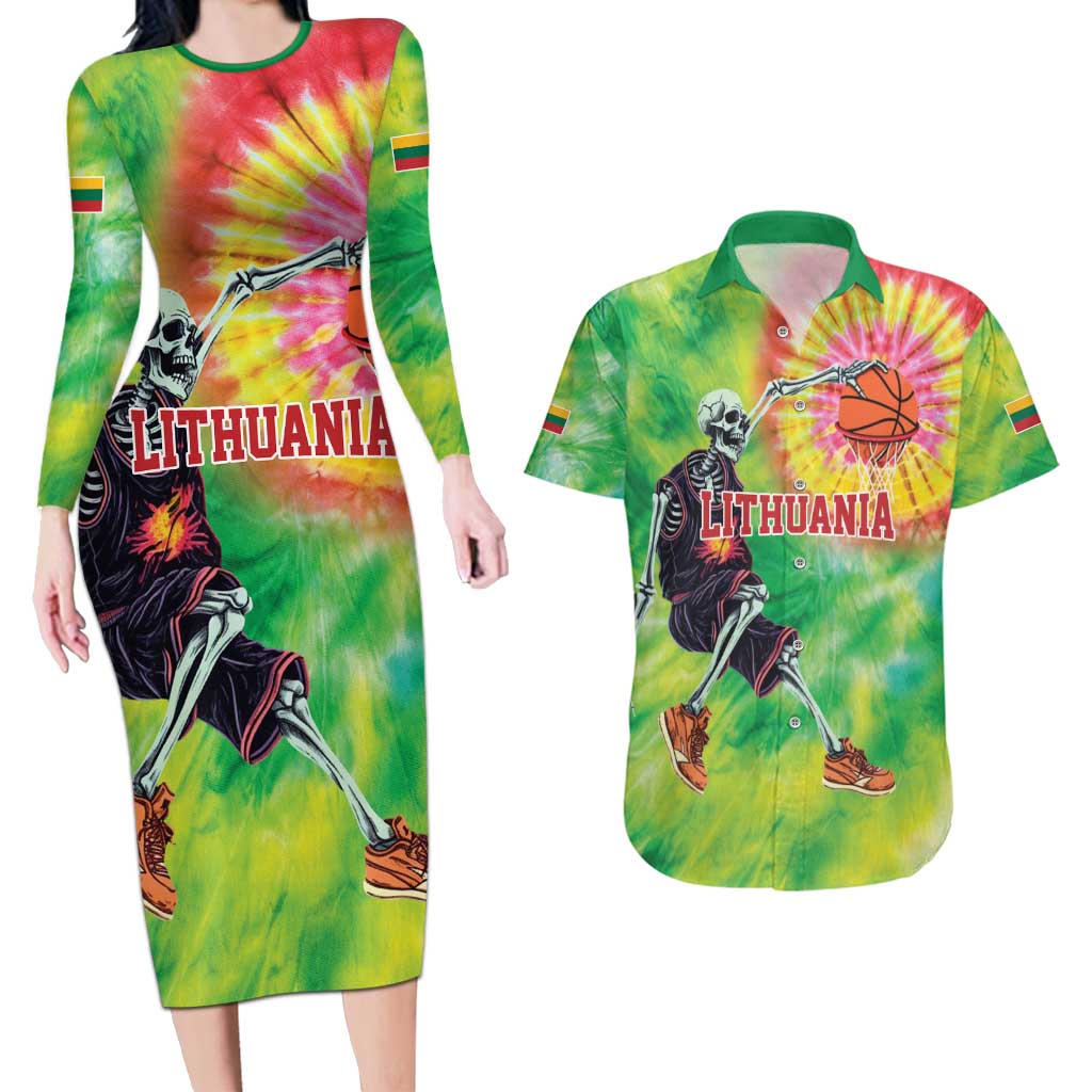 Custom Lithuania Basketball Couples Matching Long Sleeve Bodycon Dress and Hawaiian Shirt Retro Style Version 1992