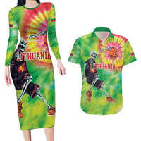 Custom Lithuania Basketball Couples Matching Long Sleeve Bodycon Dress and Hawaiian Shirt Retro Style Version 1992