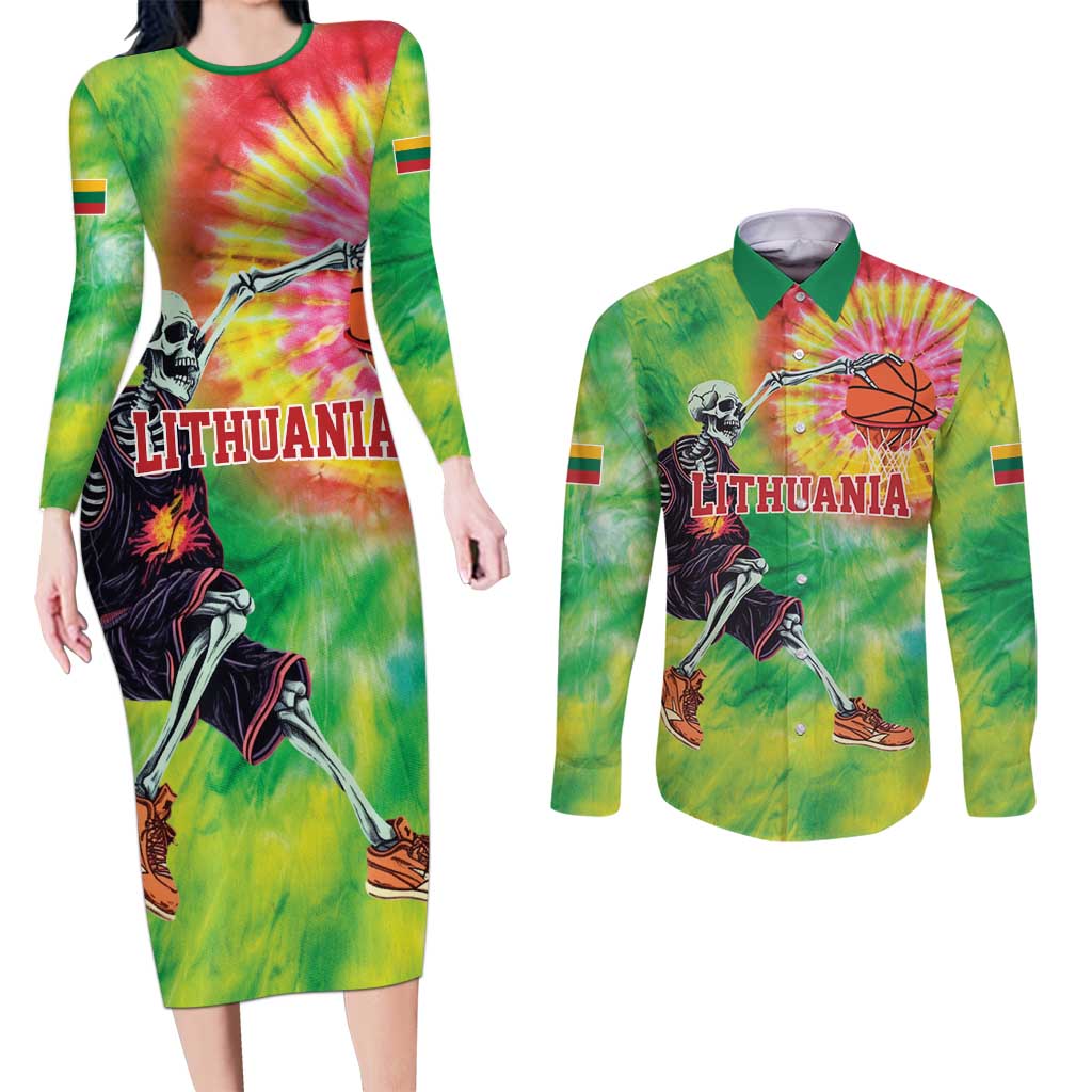 Custom Lithuania Basketball Couples Matching Long Sleeve Bodycon Dress and Long Sleeve Button Shirt Retro Style Version 1992