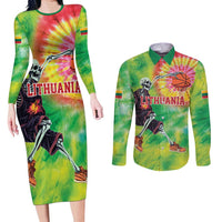 Custom Lithuania Basketball Couples Matching Long Sleeve Bodycon Dress and Long Sleeve Button Shirt Retro Style Version 1992