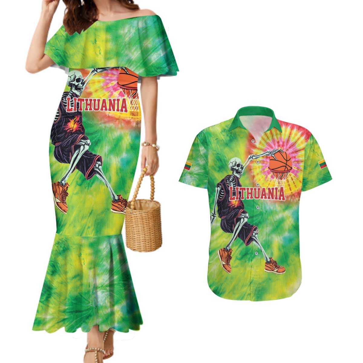 Custom Lithuania Basketball Couples Matching Mermaid Dress and Hawaiian Shirt Retro Style Version 1992