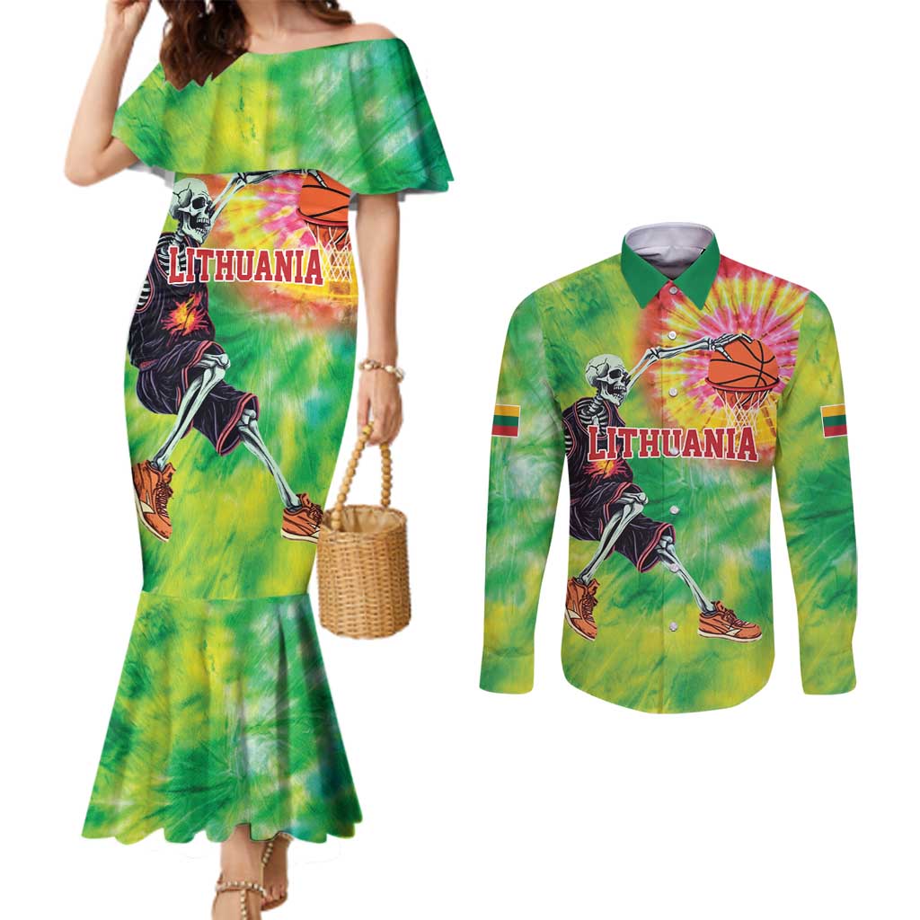 Custom Lithuania Basketball Couples Matching Mermaid Dress and Long Sleeve Button Shirt Retro Style Version 1992