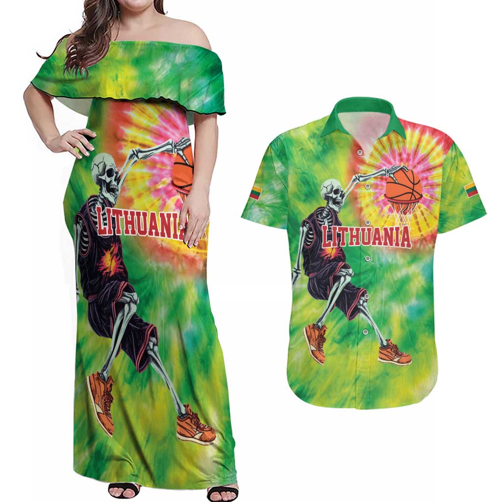 Custom Lithuania Basketball Couples Matching Off Shoulder Maxi Dress and Hawaiian Shirt Retro Style Version 1992