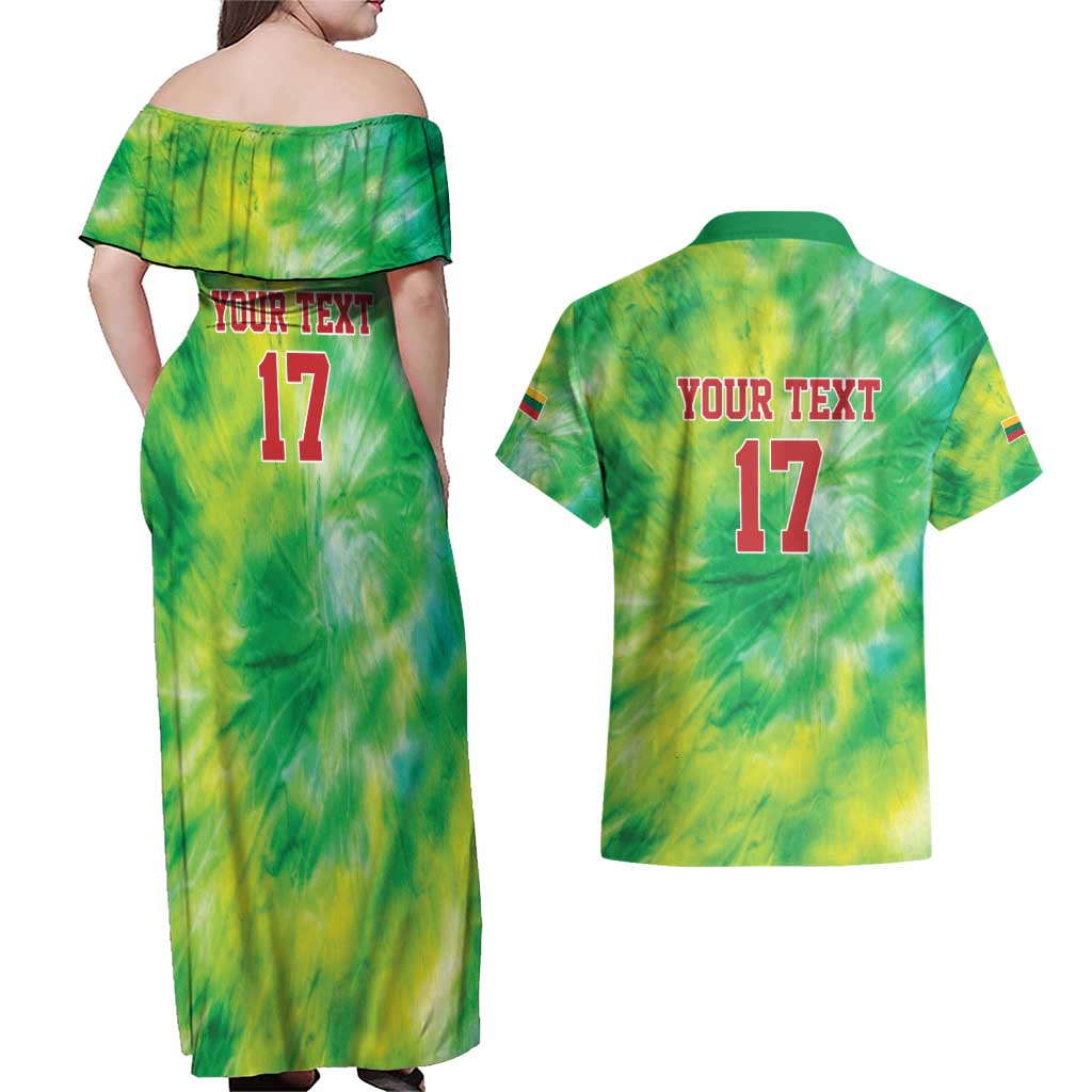 Custom Lithuania Basketball Couples Matching Off Shoulder Maxi Dress and Hawaiian Shirt Retro Style Version 1992