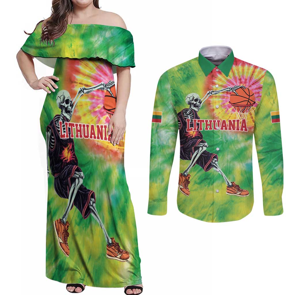 Custom Lithuania Basketball Couples Matching Off Shoulder Maxi Dress and Long Sleeve Button Shirt Retro Style Version 1992