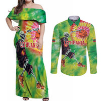 Custom Lithuania Basketball Couples Matching Off Shoulder Maxi Dress and Long Sleeve Button Shirt Retro Style Version 1992