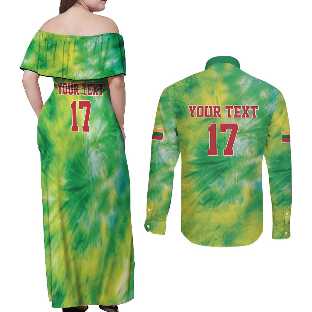 Custom Lithuania Basketball Couples Matching Off Shoulder Maxi Dress and Long Sleeve Button Shirt Retro Style Version 1992