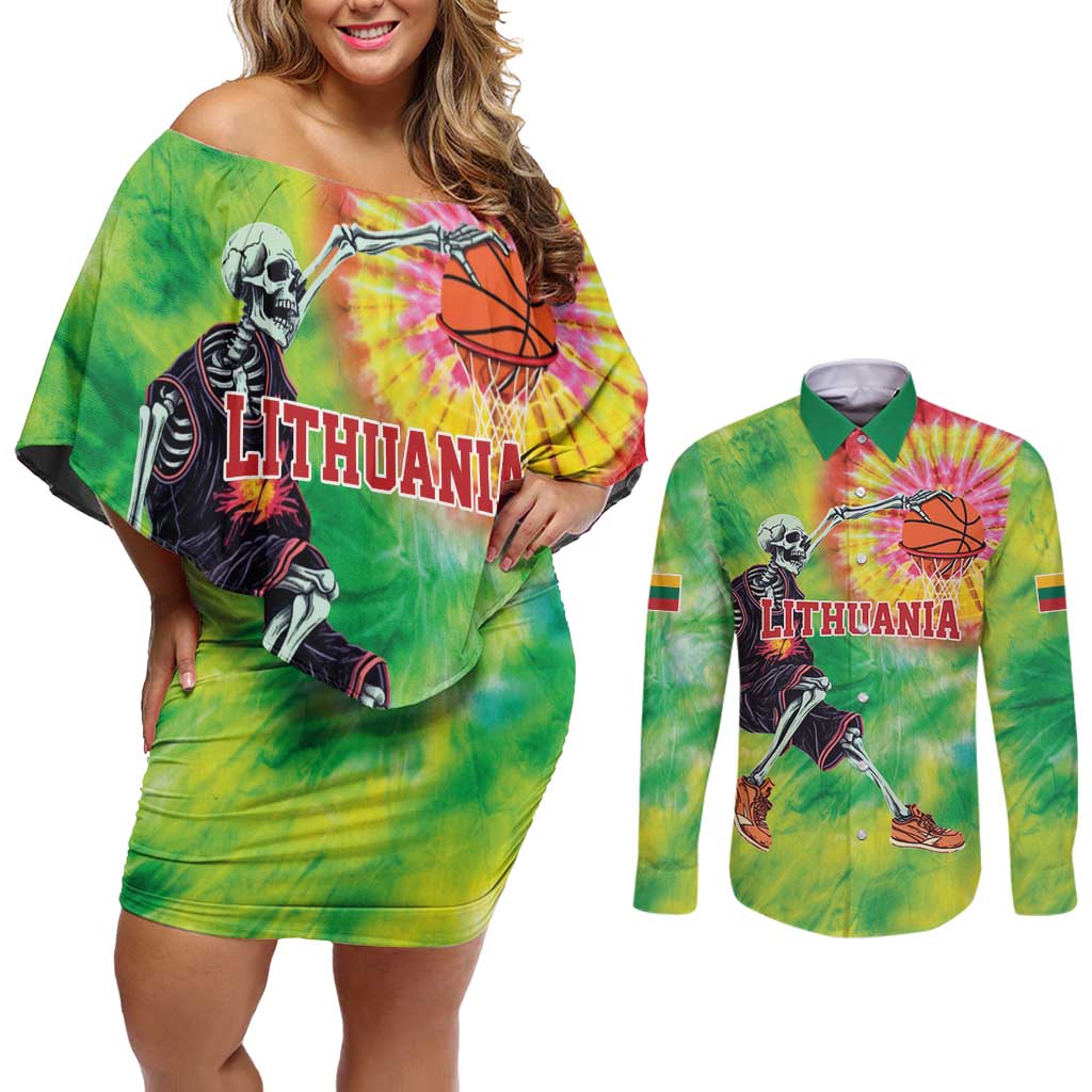 Custom Lithuania Basketball Couples Matching Off Shoulder Short Dress and Long Sleeve Button Shirt Retro Style Version 1992