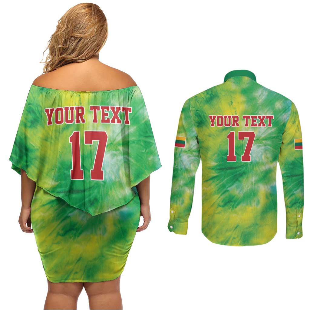 Custom Lithuania Basketball Couples Matching Off Shoulder Short Dress and Long Sleeve Button Shirt Retro Style Version 1992