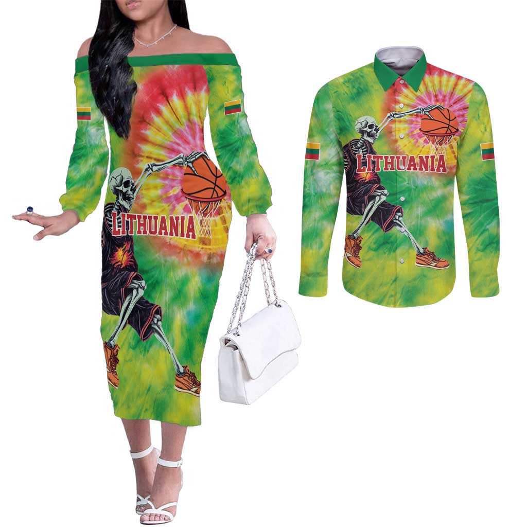 Custom Lithuania Basketball Couples Matching Off The Shoulder Long Sleeve Dress and Long Sleeve Button Shirt Retro Style Version 1992