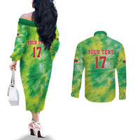 Custom Lithuania Basketball Couples Matching Off The Shoulder Long Sleeve Dress and Long Sleeve Button Shirt Retro Style Version 1992