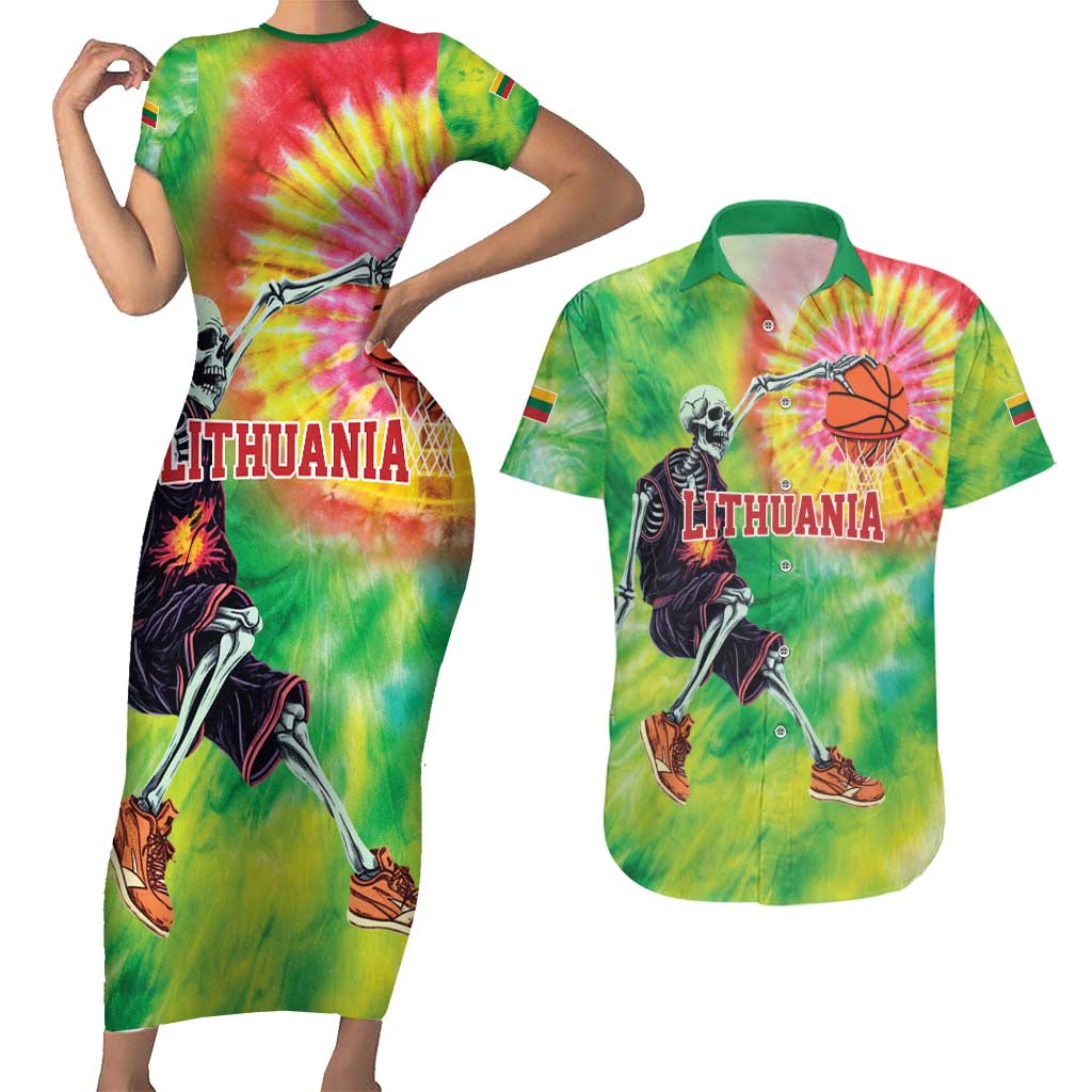 Custom Lithuania Basketball Couples Matching Short Sleeve Bodycon Dress and Hawaiian Shirt Retro Style Version 1992