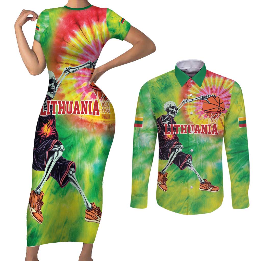 Custom Lithuania Basketball Couples Matching Short Sleeve Bodycon Dress and Long Sleeve Button Shirt Retro Style Version 1992