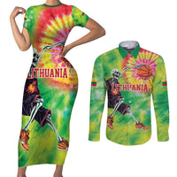Custom Lithuania Basketball Couples Matching Short Sleeve Bodycon Dress and Long Sleeve Button Shirt Retro Style Version 1992