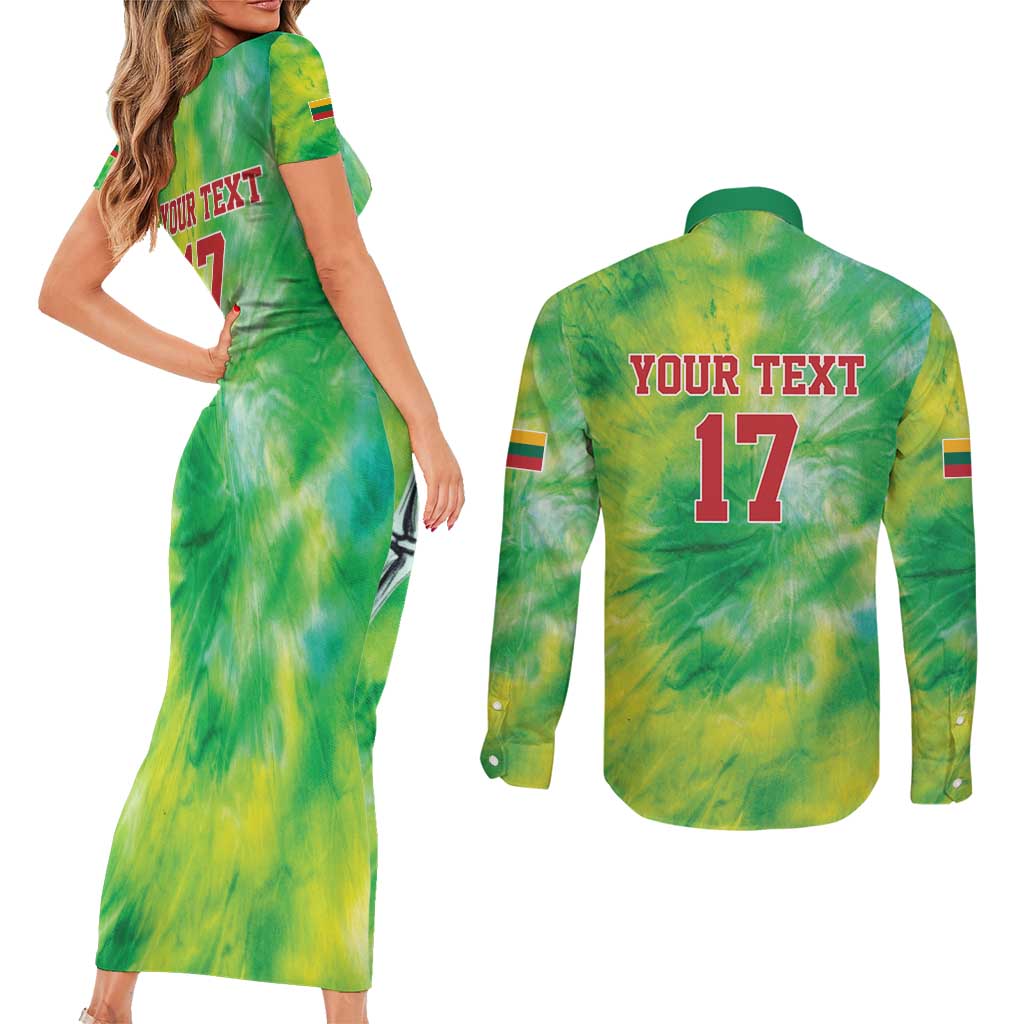 Custom Lithuania Basketball Couples Matching Short Sleeve Bodycon Dress and Long Sleeve Button Shirt Retro Style Version 1992