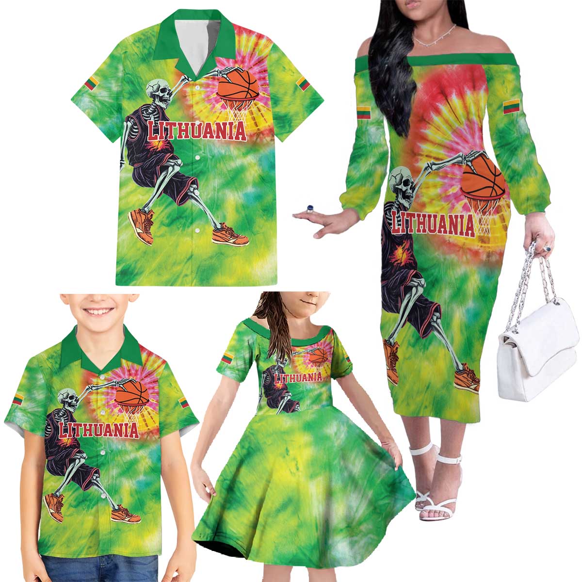 Custom Lithuania Basketball Family Matching Off The Shoulder Long Sleeve Dress and Hawaiian Shirt Retro Style Version 1992