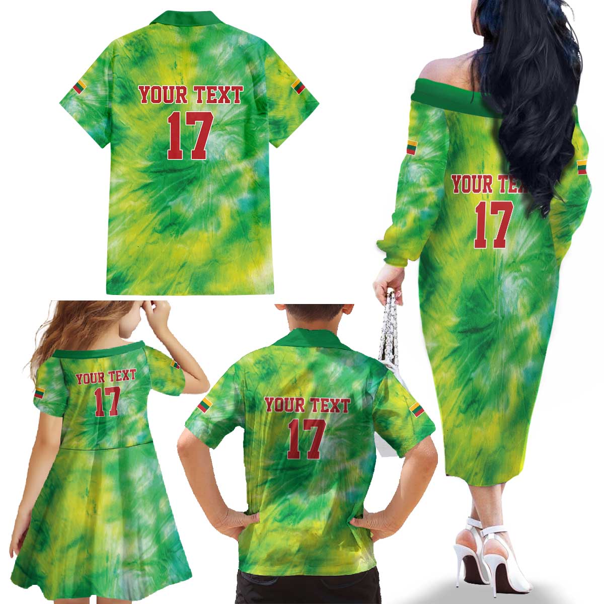 Custom Lithuania Basketball Family Matching Off The Shoulder Long Sleeve Dress and Hawaiian Shirt Retro Style Version 1992