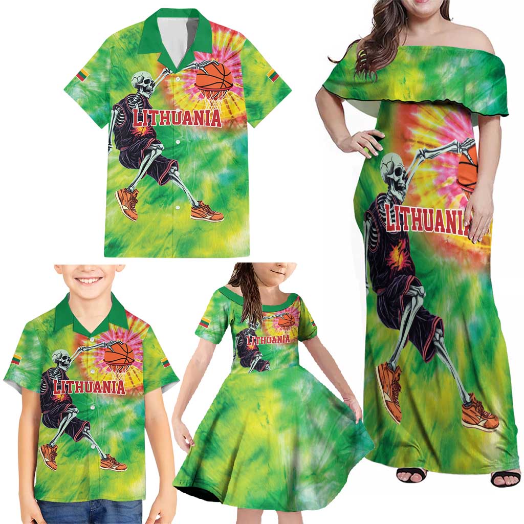 Custom Lithuania Basketball Family Matching Off Shoulder Maxi Dress and Hawaiian Shirt Retro Style Version 1992