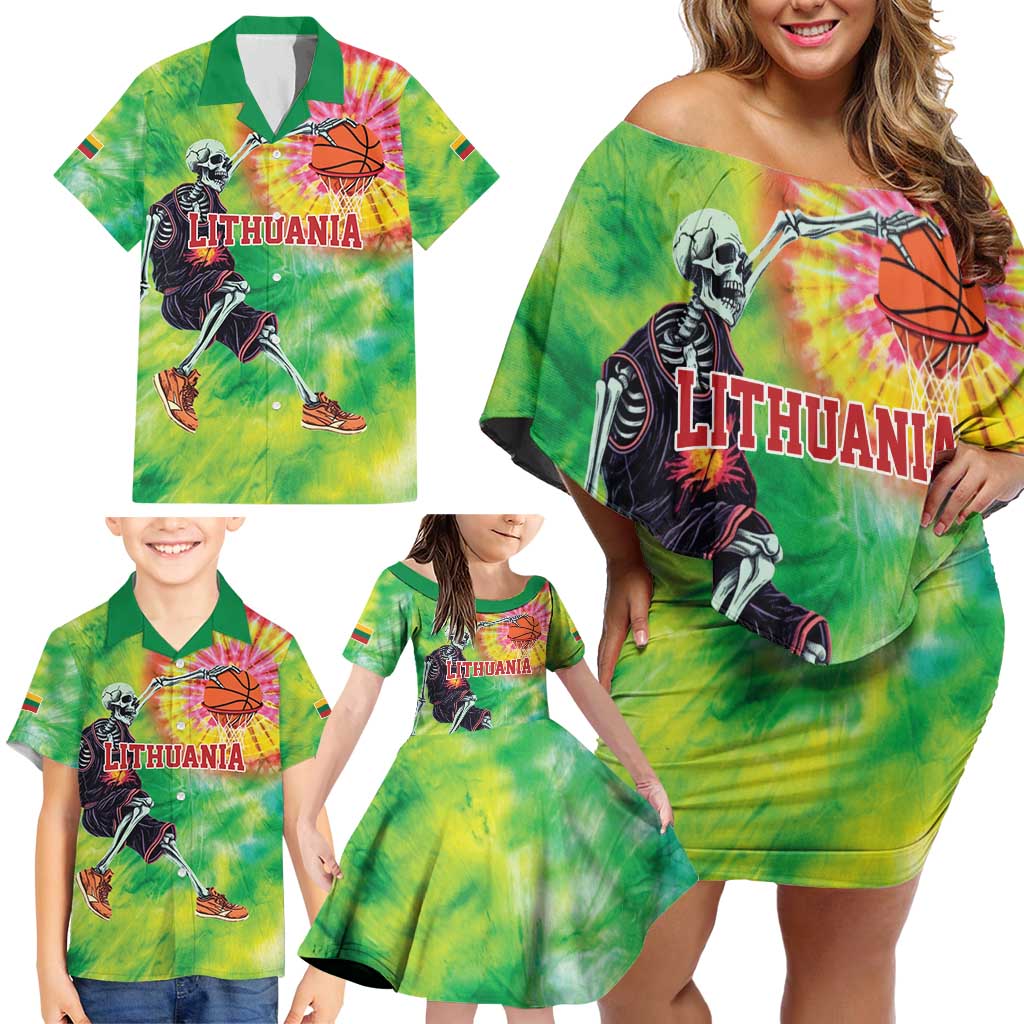 Custom Lithuania Basketball Family Matching Off Shoulder Short Dress and Hawaiian Shirt Retro Style Version 1992