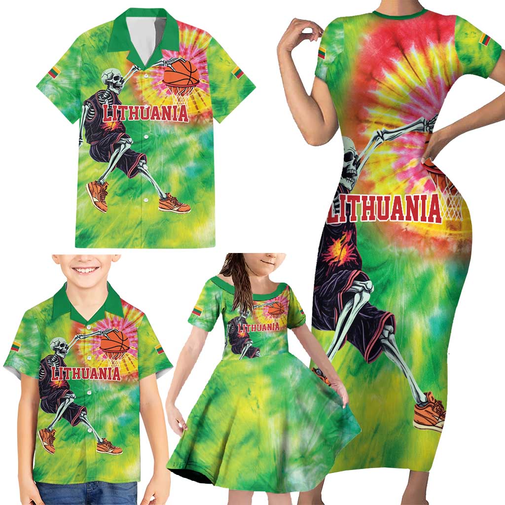 Custom Lithuania Basketball Family Matching Short Sleeve Bodycon Dress and Hawaiian Shirt Retro Style Version 1992