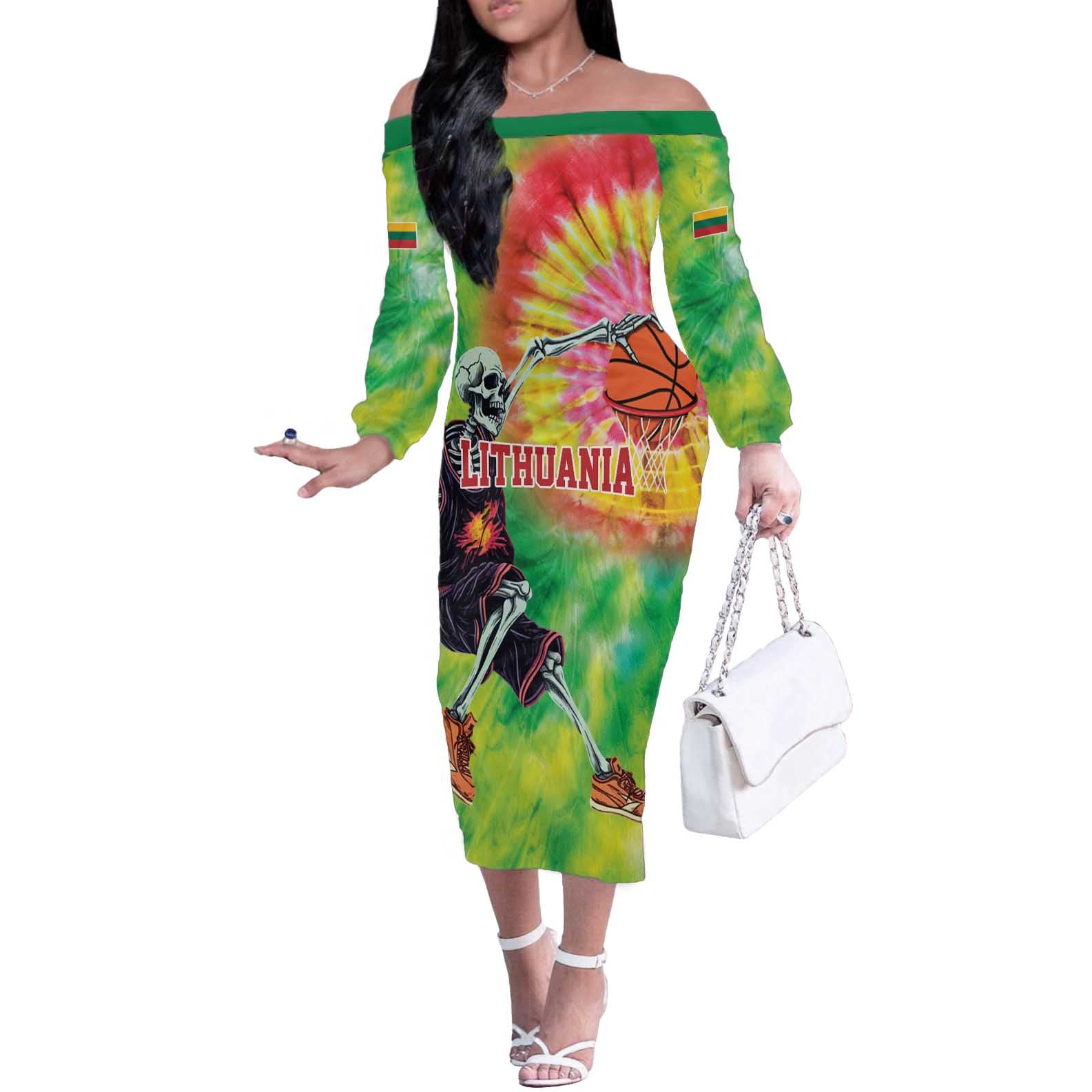 Custom Lithuania Basketball Off The Shoulder Long Sleeve Dress Retro Style Version 1992
