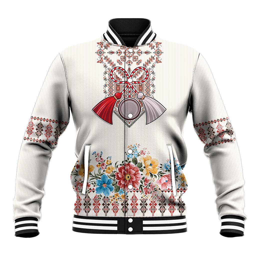 Romania Happy Martisor Day 1 March Baseball Jacket Martenitsa and Peony Romanian Traditional Pattern