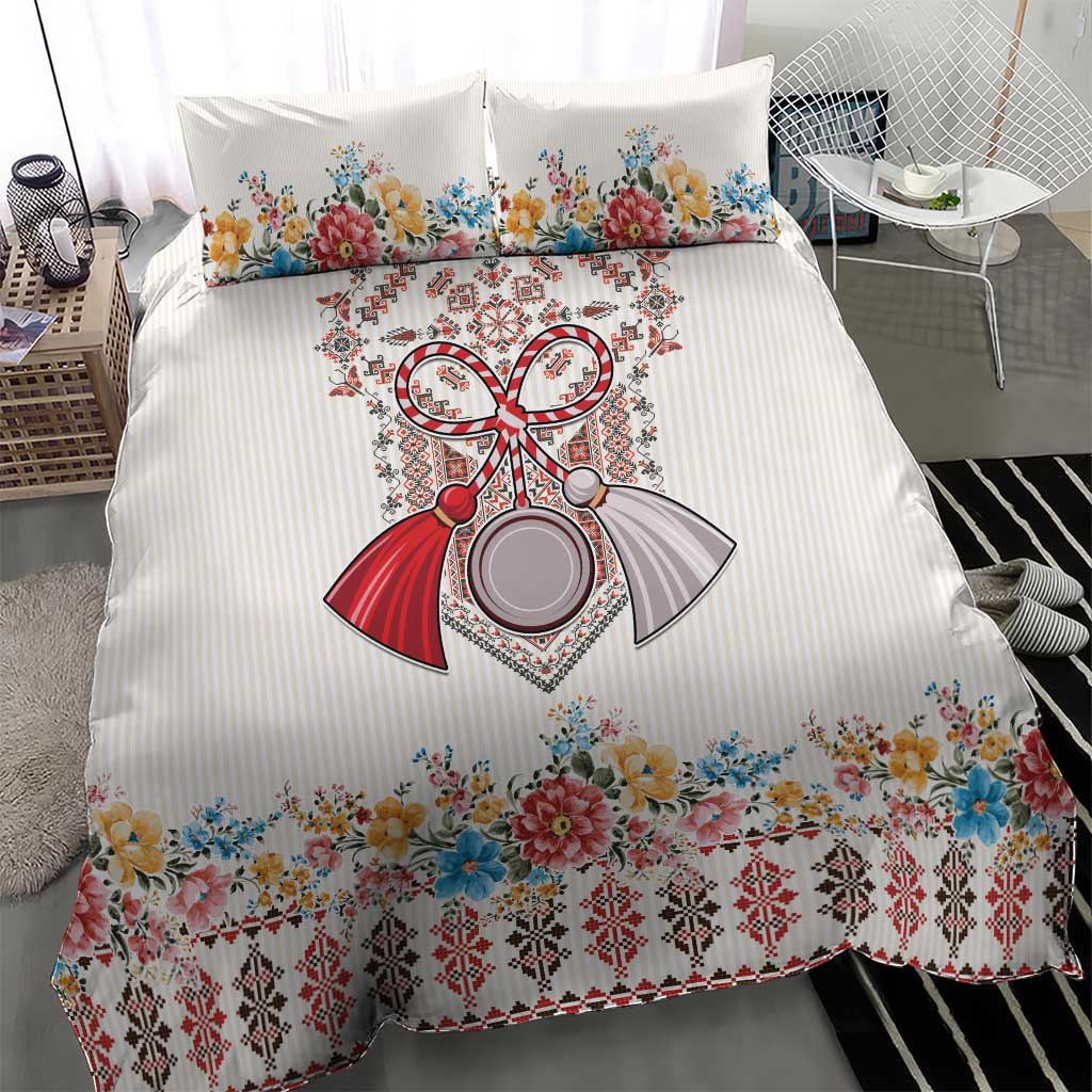 Romania Happy Martisor Day 1 March Bedding Set Martenitsa and Peony Romanian Traditional Pattern