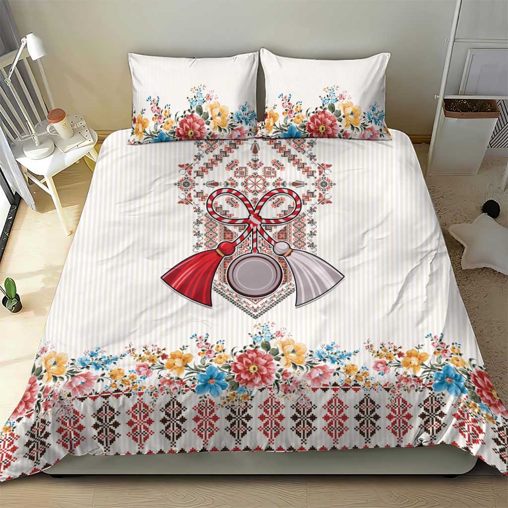 Romania Happy Martisor Day 1 March Bedding Set Martenitsa and Peony Romanian Traditional Pattern