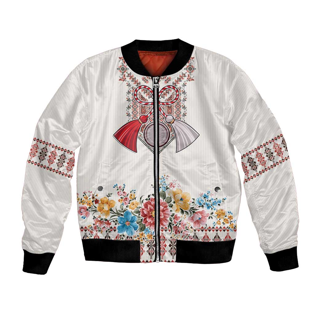 Romania Happy Martisor Day 1 March Bomber Jacket Martenitsa and Peony Romanian Traditional Pattern
