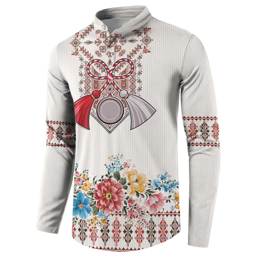 Romania Happy Martisor Day 1 March Button Sweatshirt Martenitsa and Peony Romanian Traditional Pattern