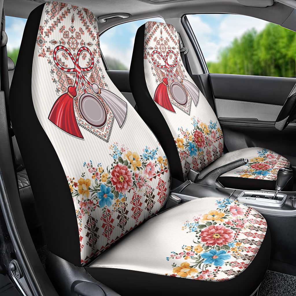 Romania Happy Martisor Day 1 March Car Seat Cover Martenitsa and Peony Romanian Traditional Pattern