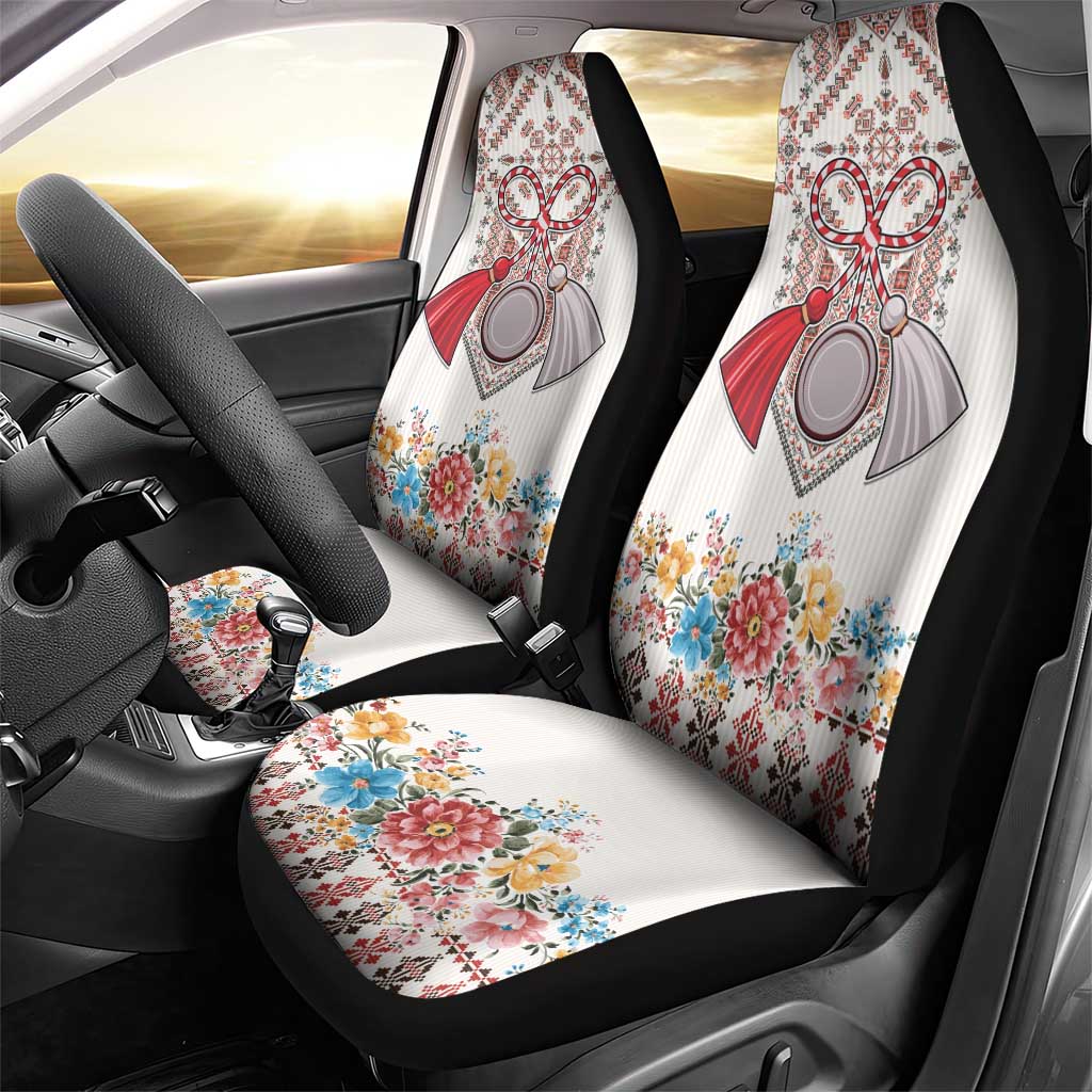 Romania Happy Martisor Day 1 March Car Seat Cover Martenitsa and Peony Romanian Traditional Pattern