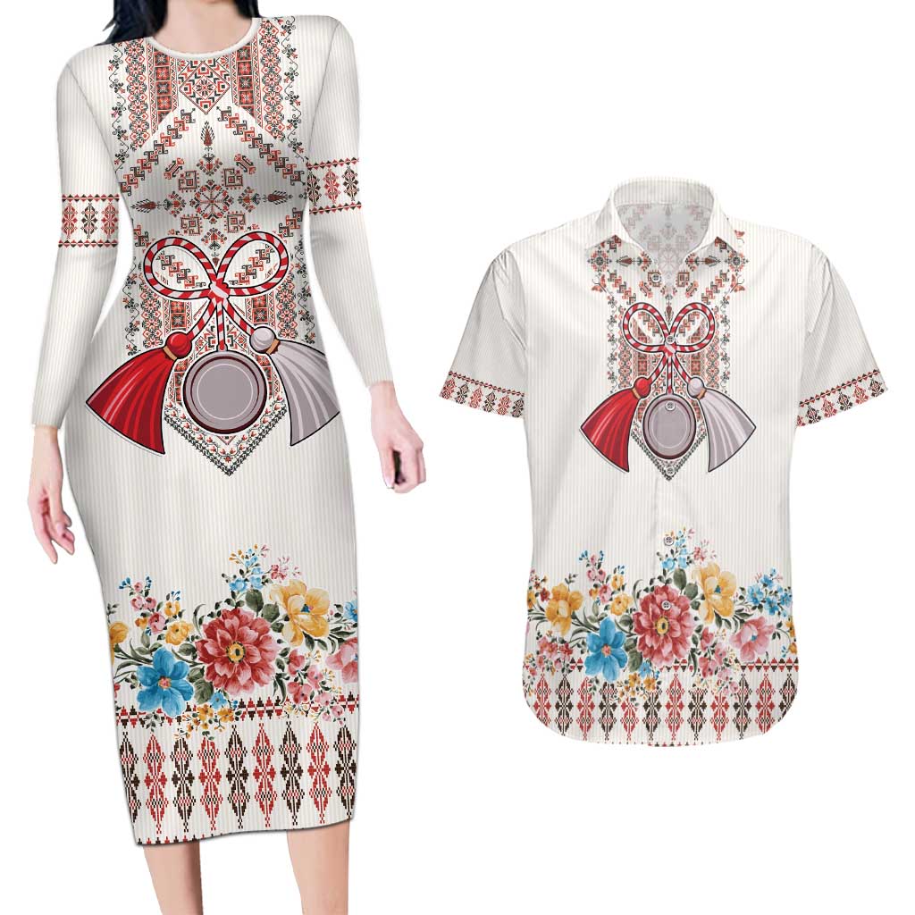 Romania Happy Martisor Day 1 March Couples Matching Long Sleeve Bodycon Dress and Hawaiian Shirt Martenitsa and Peony Romanian Traditional Pattern